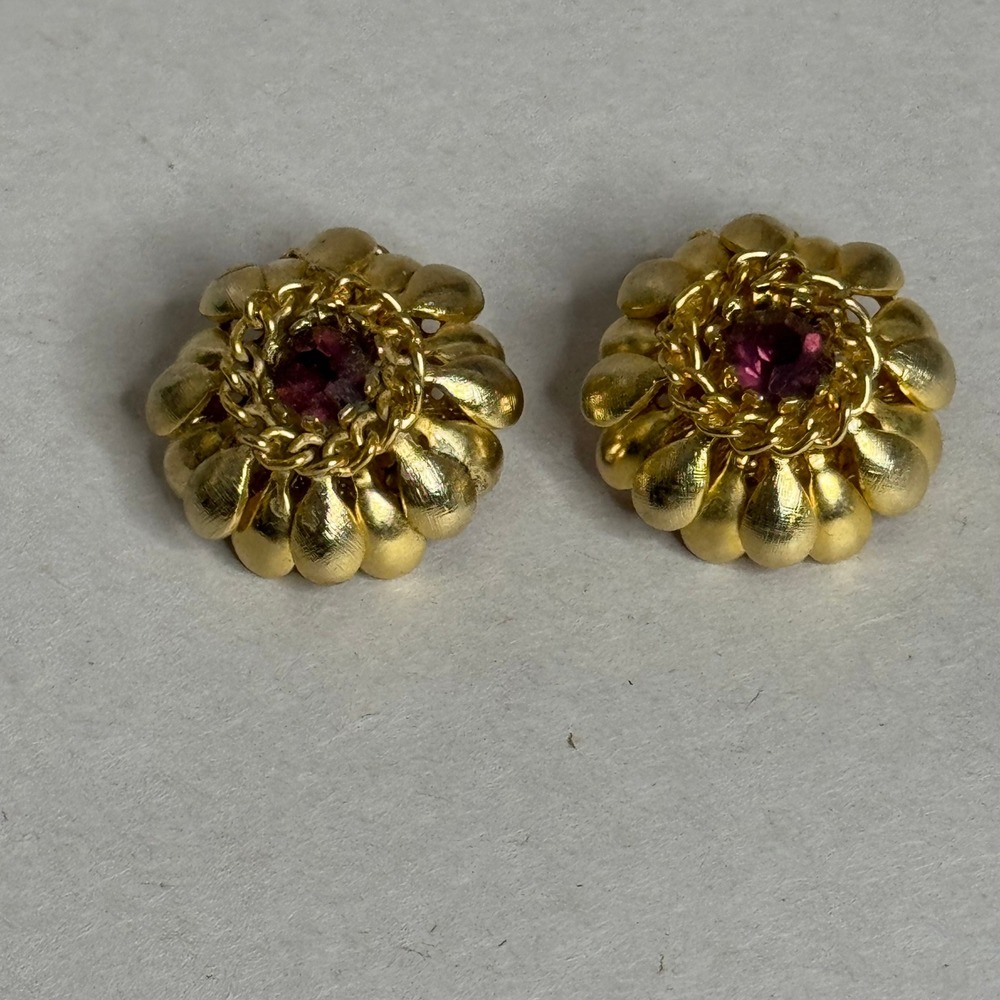 Vintage Gold Tone Purple Rhinestone Flower Clip On Earrings Fashion